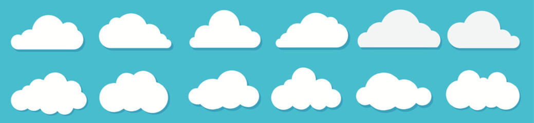 White flat clouds set on the blue background. Vector collection.