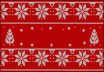 Christmas seamless pattern. Knit design. Vector graphics. Red background. For  text congratulation the design of posters, cards, advertising, paper, print 
