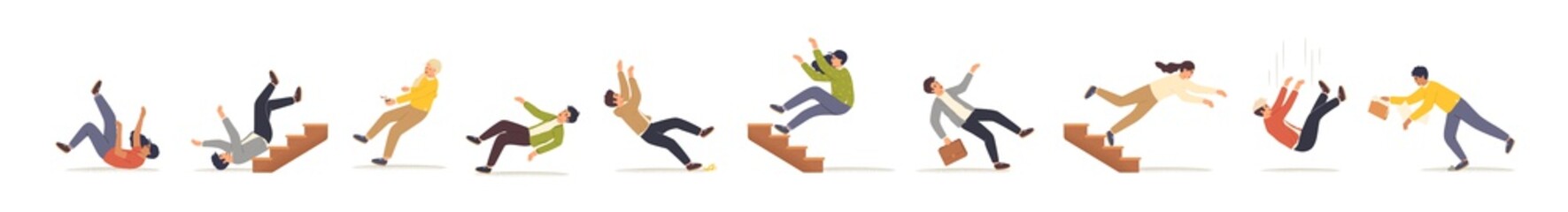 Falling people flat vector illustrations set. Men and women stumbling and falling down stairs cartoon characters. Bad luck, misfortune, fiasco. Business failure, company crash concept. - obrazy, fototapety, plakaty
