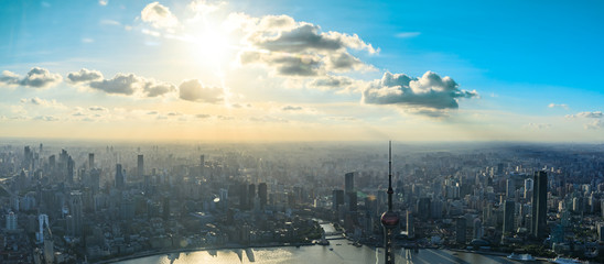 Aerial panoramic view of Shanghai skyline at sunset,China.