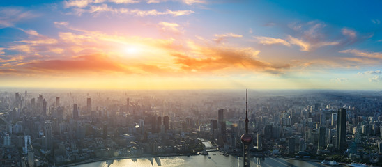 Aerial panoramic view of Shanghai skyline at sunset,China.