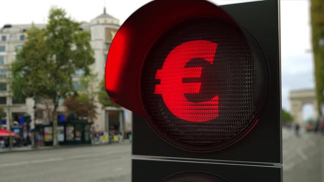 Euro sign on red traffic light signal. Forex related conceptual 3D animation