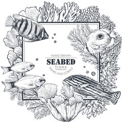 Monochrome frame with space for text and hand drawn underwater natural elements - reef corals and swimming exotic fish