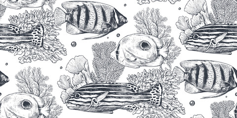 Vektor monochrome nahtlose Seemuster mit tropischen Fischen