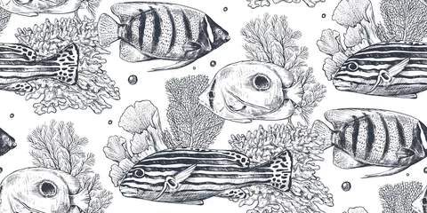 Tapeten Meerestiere Vektor monochrome nahtlose Seemuster mit tropischen Fischen