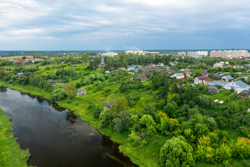 Fototapeta na wymiar Aerial view of the Southern District of Torzhok and the Church of the Icon of the Mother of God of Tikhvin in Torzhok. Tver region. Russia