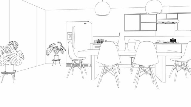 dining room interior design, sketch of modern house, video 4k 3d animation