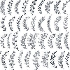 Seamless pattern with hand drawn leaves and branches. Vector endless natural background.