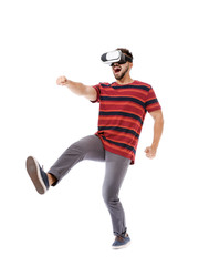 Young man with virtual reality glasses on white background