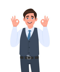 Young businessman in waistcoat showing okay or OK gesture. Person making symbol of agree, good or cool sign. Male character design illustration. Human emotions, expressions concept in vector cartoon.