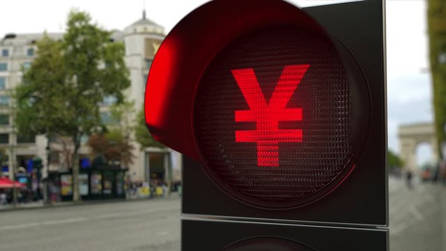Yen sign on red traffic light signal. Forex related conceptual 3D animation