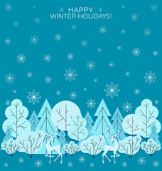 Winter forest. New Year's snowy background with deer silhouettes. Happy winter holidays. Holiday card, poster with an inscription and place for text.