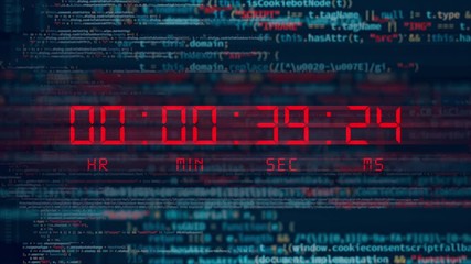 Futuristic one minute digital clock countdown from sixty to zero. High quality 4k video. Timer with LCD display. Red numbers over data glitch code dark background.