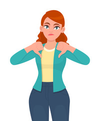 Sad young woman showing thumbs down sign. Worried teenage girl making dislike, disagree or failure gesture. Female character design illustration. Human expressions, body language in vector cartoon.