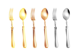 Vector realistic illustration of a set of cutlery. Isolated image of silver, gold and bronze cutlery attributes. Metal spoons, forks and knife.
