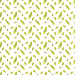 Seamless pattern of watercolor green leaves and abstract spots. Use for invitations, menus, birthdays.