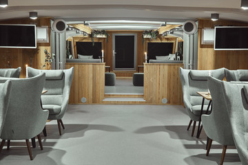 interior details of restaurant on the ship. Concept of interior design of a restaurant on a ship