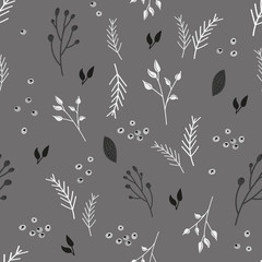 Floral seamless pattern. Twigs, leaves and berries of rowan on a gray background. Autumn and winter illustration. Vector doodle for fabric, wrapping.