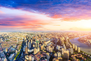 Aerial view of Shanghai skyline at sunset,China.