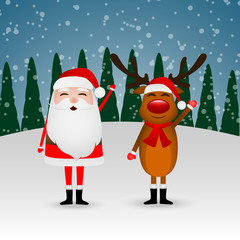 Santa Claus and funny reindeer in a winter forest on a hill wave their hand