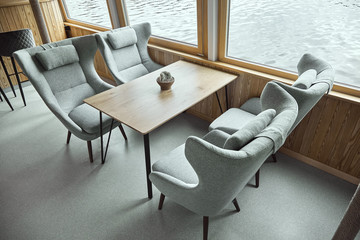 interior details of restaurant on the ship. Concept of interior design of a restaurant on a ship