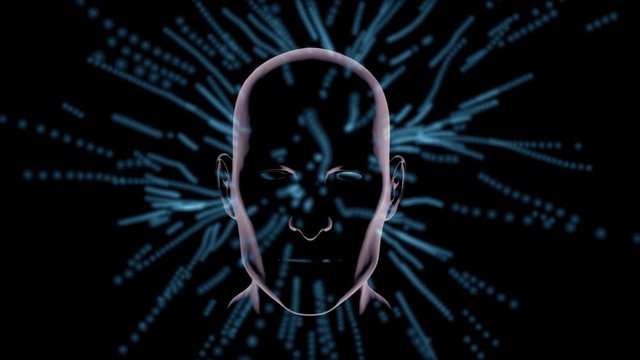 Streaming  Glowing particles , energy trails emanating from face . 3d animation . Uploading, downloading conciousness , data , supernatural themes