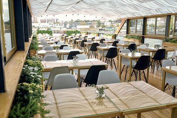 interior details of restaurant on the ship. Concept of interior design of a restaurant on a ship