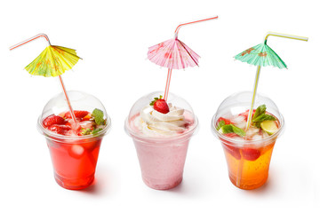 Collection of drinks with strawberries (juice, smoothie and lemonade), isolated on white background