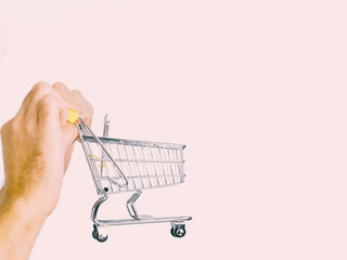 Male hands holding empty shopping cart