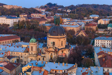 Aerial view of Dominican cathedral and historic center of Lviv, Ukraine. Lvov cityscape. View from Lviv Town Hall