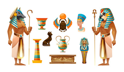 Ancient Egypt set. Egypt old symbols, sacred animals cat and scarab, pyramid, tomb, sarcophagus, sacred cross, architecture and sculpture cartoon vector illustration