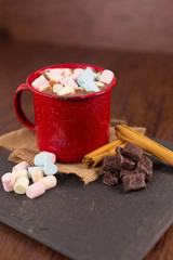 Cup of hot chocolate with marshmallows on wooden board, pieces of pure chocolate and cinnamon - red pewter cup- Guatemalan chocolate