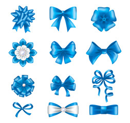 Blue ribbon bows set. Silk satin gift bows realistic. Gift tie-bow for Christmas, birthday, holidays vector illustration