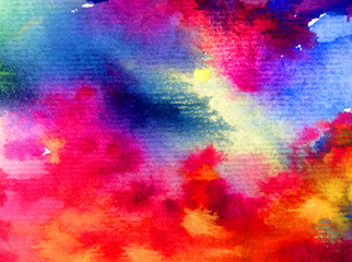 Fototapeta premium Watercolor abstract bright colorful textural background handmade . Painting of sky and clouds during sunset . Modern cosmic pattern . Shine