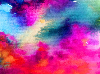 Fototapeta na wymiar Watercolor abstract bright colorful textural background handmade . Painting of sky and clouds during sunset . Modern cosmic pattern . Shine