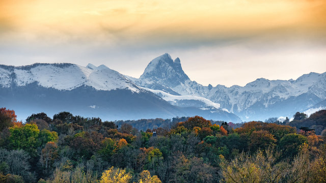 view of Pic du Midi Ossau in autumn, french Pyrenees