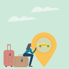 The young woman using taxi application. Taxi ordering.