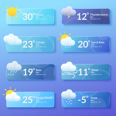 Weather forecast. Meteorology. Set of flat style banners