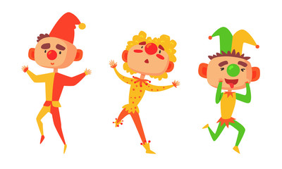 Fototapeta premium Three Clowns Harlequins Performances Show Vector Illustration Set Cartoon Character