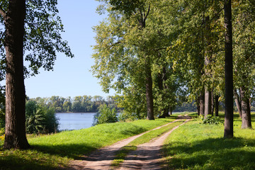 Dirt road in the park on the river bank on a bright sunny day. Horizontall picture.