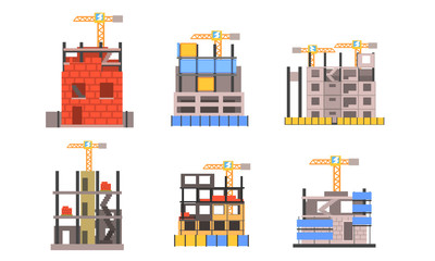 Outdoor Constructive Works With Cranes And Buildings Flat Vector Illustration Set