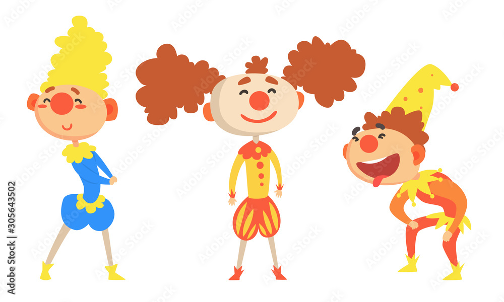 Poster Set Of Three Cheerful Holidays Clowns In Colorful Clothes And Hats Vector Illustration Cartoon Character