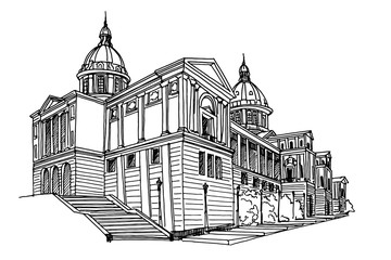 vector sketch of Placa De Espanya, the National Museum in Barcelona. Spain