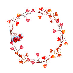 Watercolor romantic illustration of design elements for Valentine’s day. Hearts. Beloved bullfinches. Cute birds