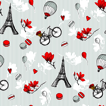 Paris symbols seamless pattern. Romantic travel in Paris. Magnolia blossom, eiffel tower, bicycle, balloons.