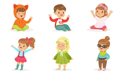 Little Toddlers In Colorful Wears In Motion Vector Illustration Set Cartoon Character