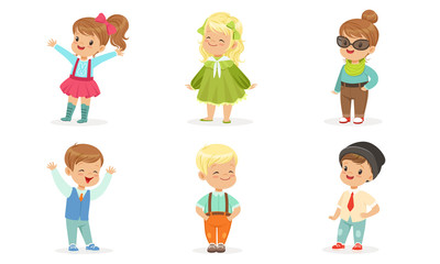Set Of Cute Toddlers In Colorful Wears In Motion Vector Illustration Set Cartoon Character