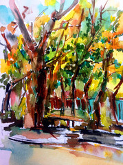 Watercolor colorful bright textured abstract background handmade . Mediterranean landscape . Painting of  vegetation of the forest , made in the technique of watercolors from nature