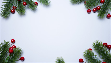 Fototapeta na wymiar Christmas composition. Christmas decor,, fir branches on white background. Flat lay, top view, copy space.
