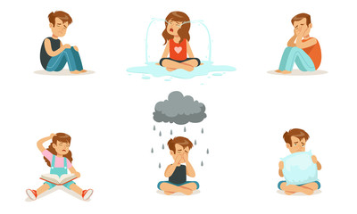 Children are upset and cry. Vector illustration.